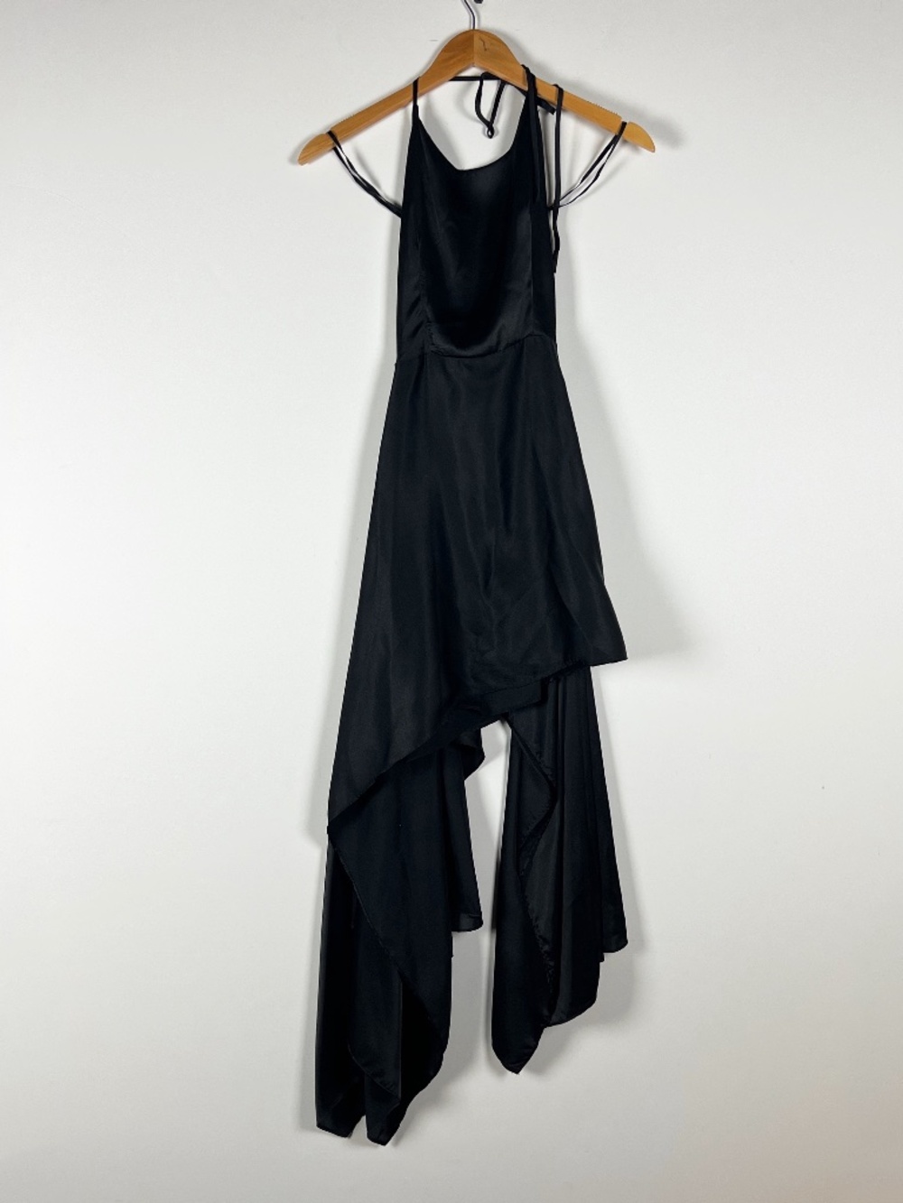 NEW Azeeza Pooja Satin Asymmetrical Ruffle Hem Halter Mini Dress Black XS